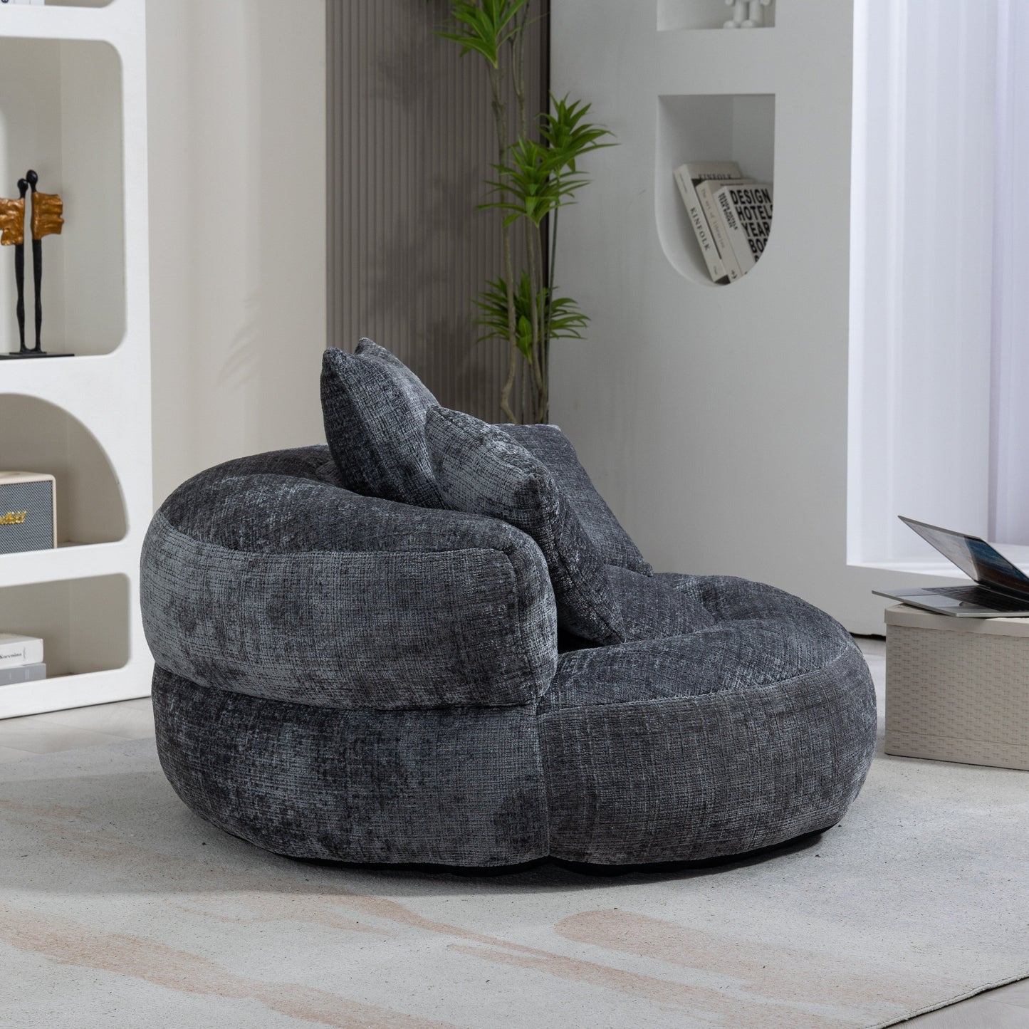 Canapé pouf en chenille gris surdimensionné 42.52, pour une personne, avec trois coussins, pour chambre à coucher.