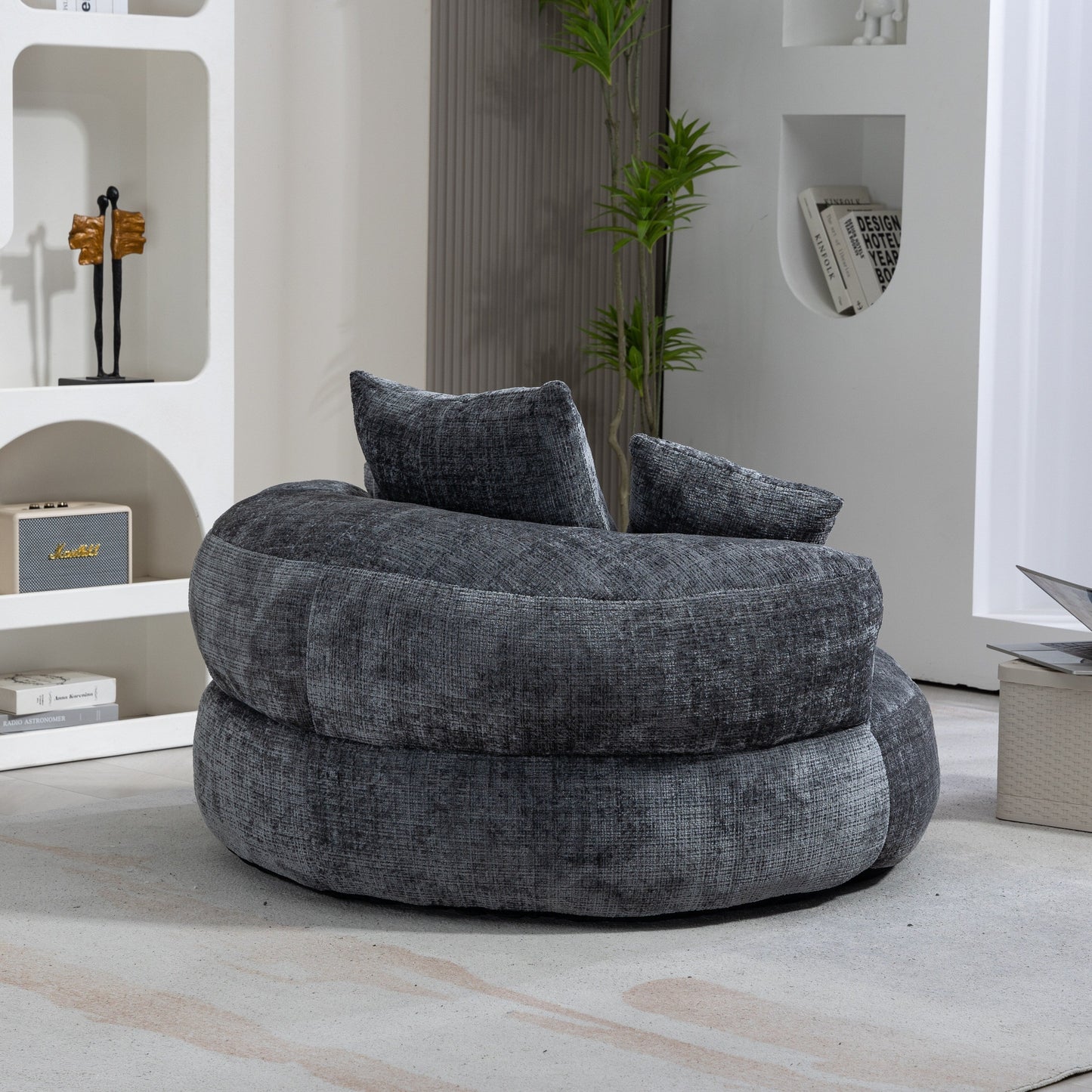 Canapé pouf en chenille gris surdimensionné 42.52, pour une personne, avec trois coussins, pour chambre à coucher.