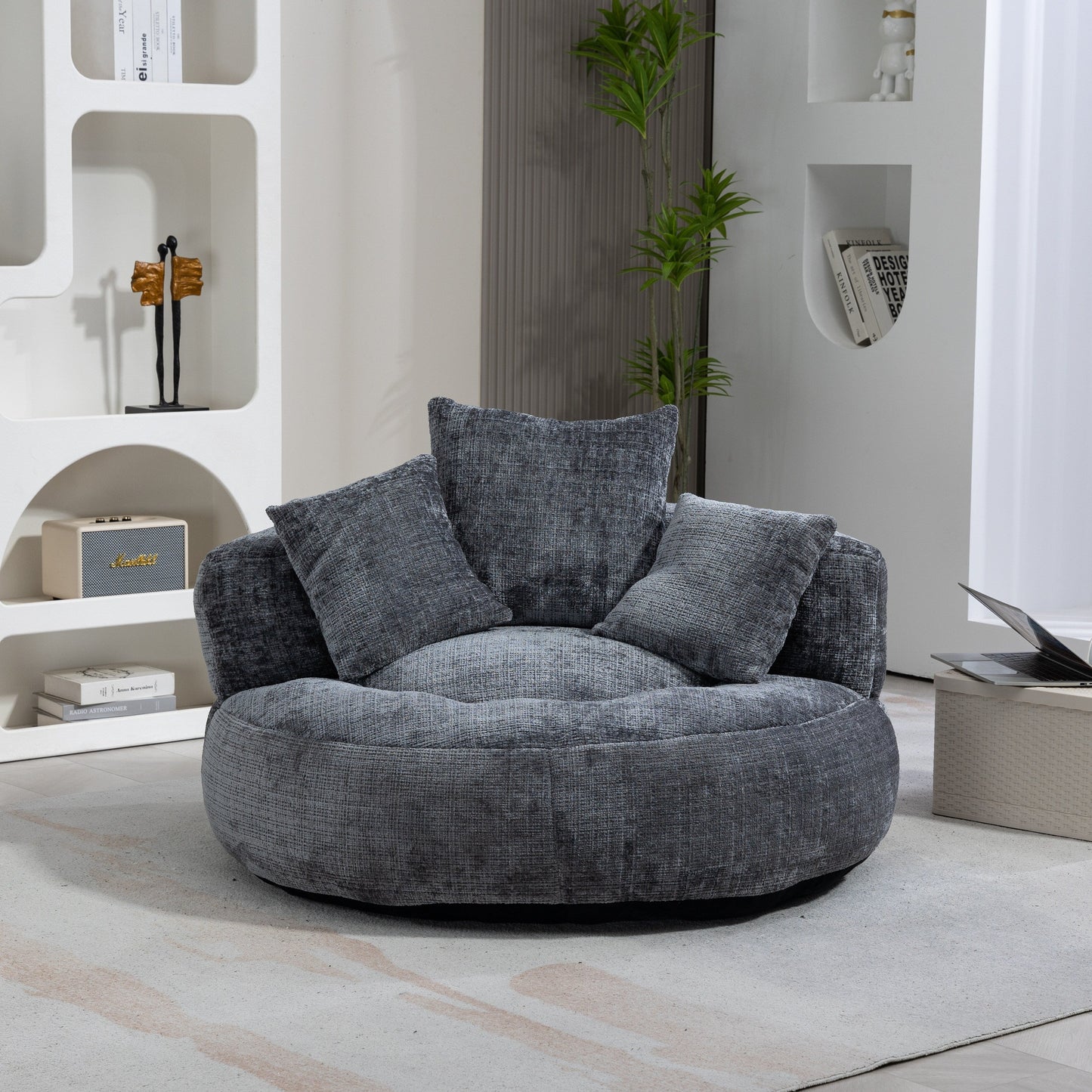 Canapé pouf en chenille gris surdimensionné 42.52, pour une personne, avec trois coussins, pour chambre à coucher.
