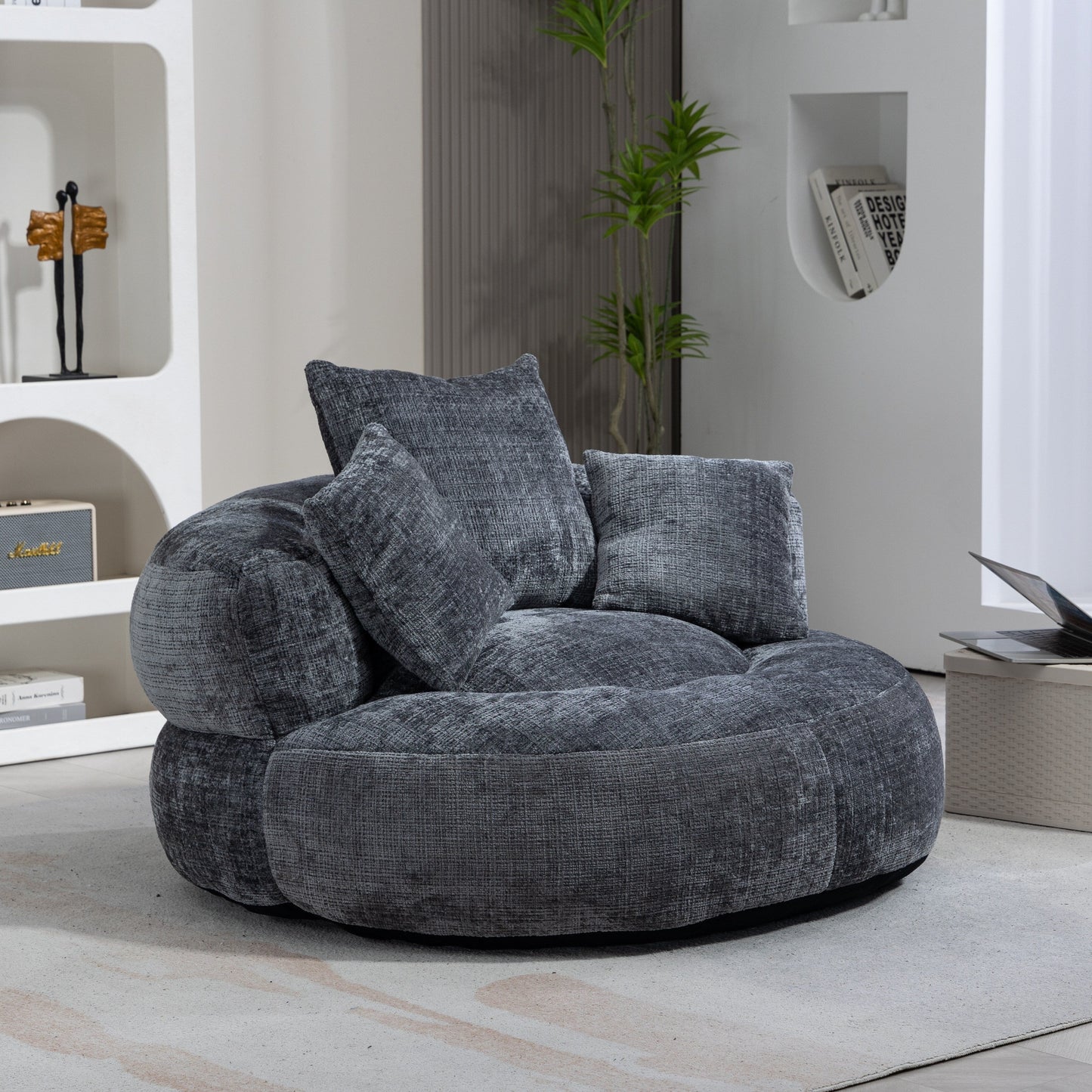 Canapé pouf en chenille gris surdimensionné 42.52, pour une personne, avec trois coussins, pour chambre à coucher.