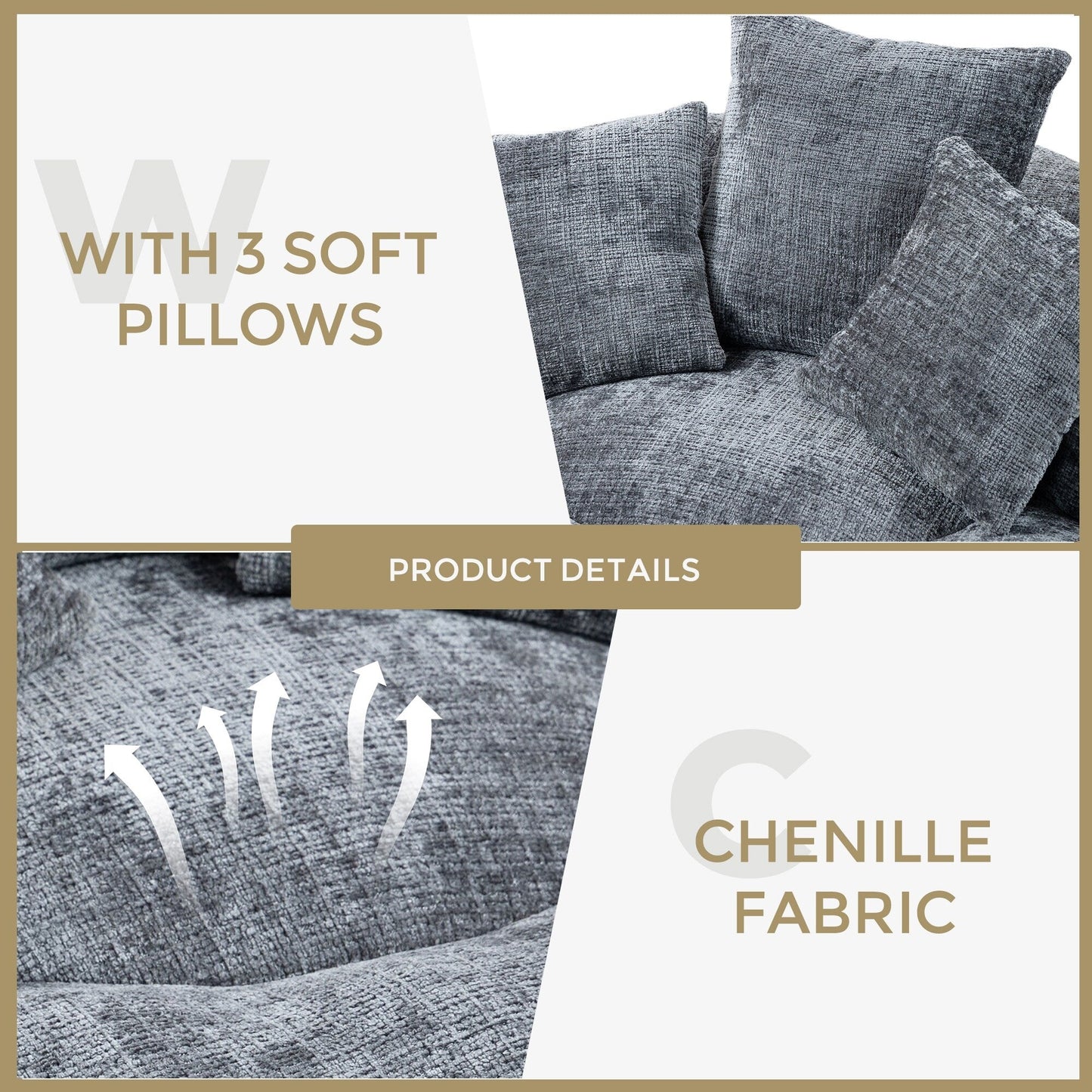 Canapé pouf en chenille gris surdimensionné 42.52, pour une personne, avec trois coussins, pour chambre à coucher.