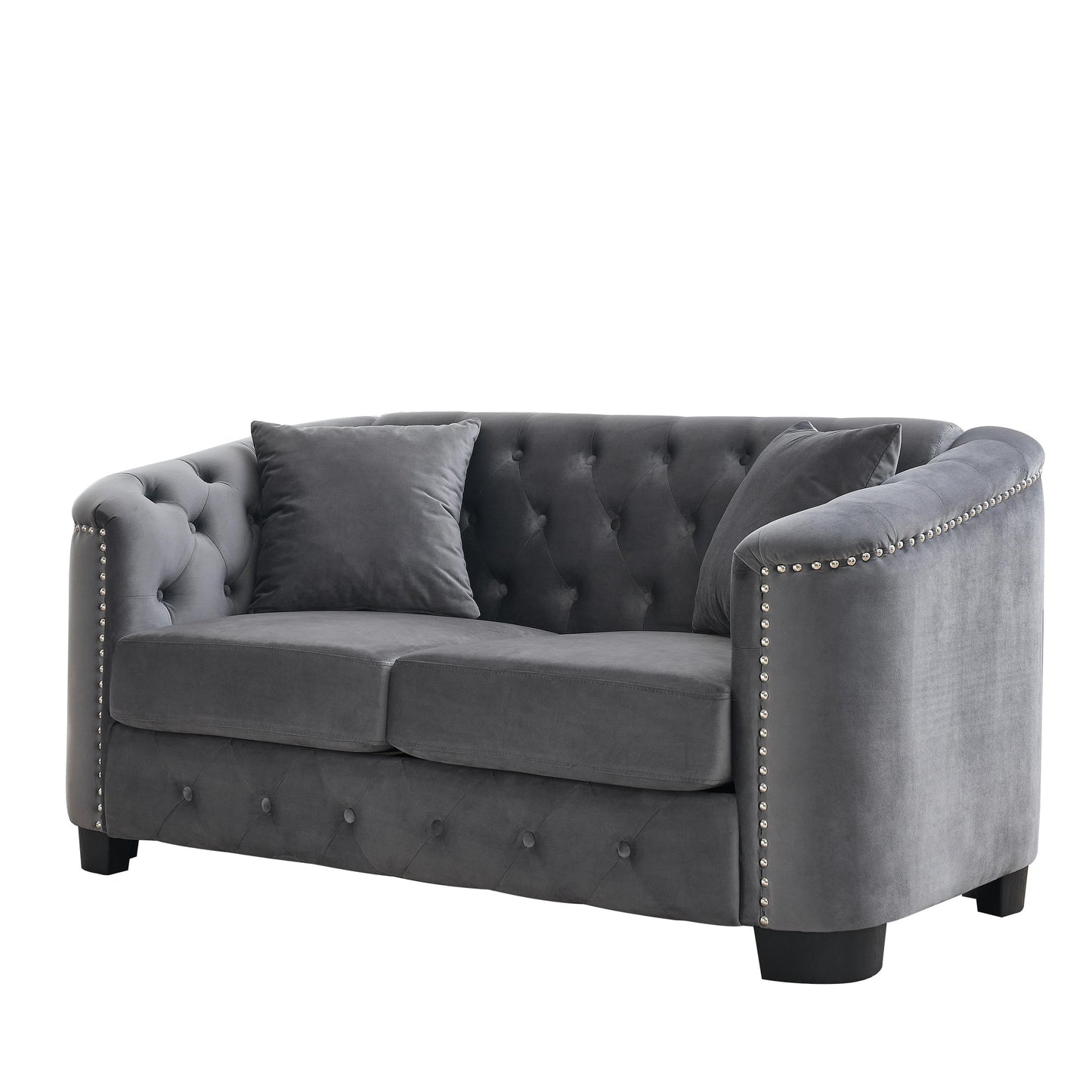 Canapé 2 places gris moderne en velours de 150 cm avec dossier capitonné et accoudoirs à clous.