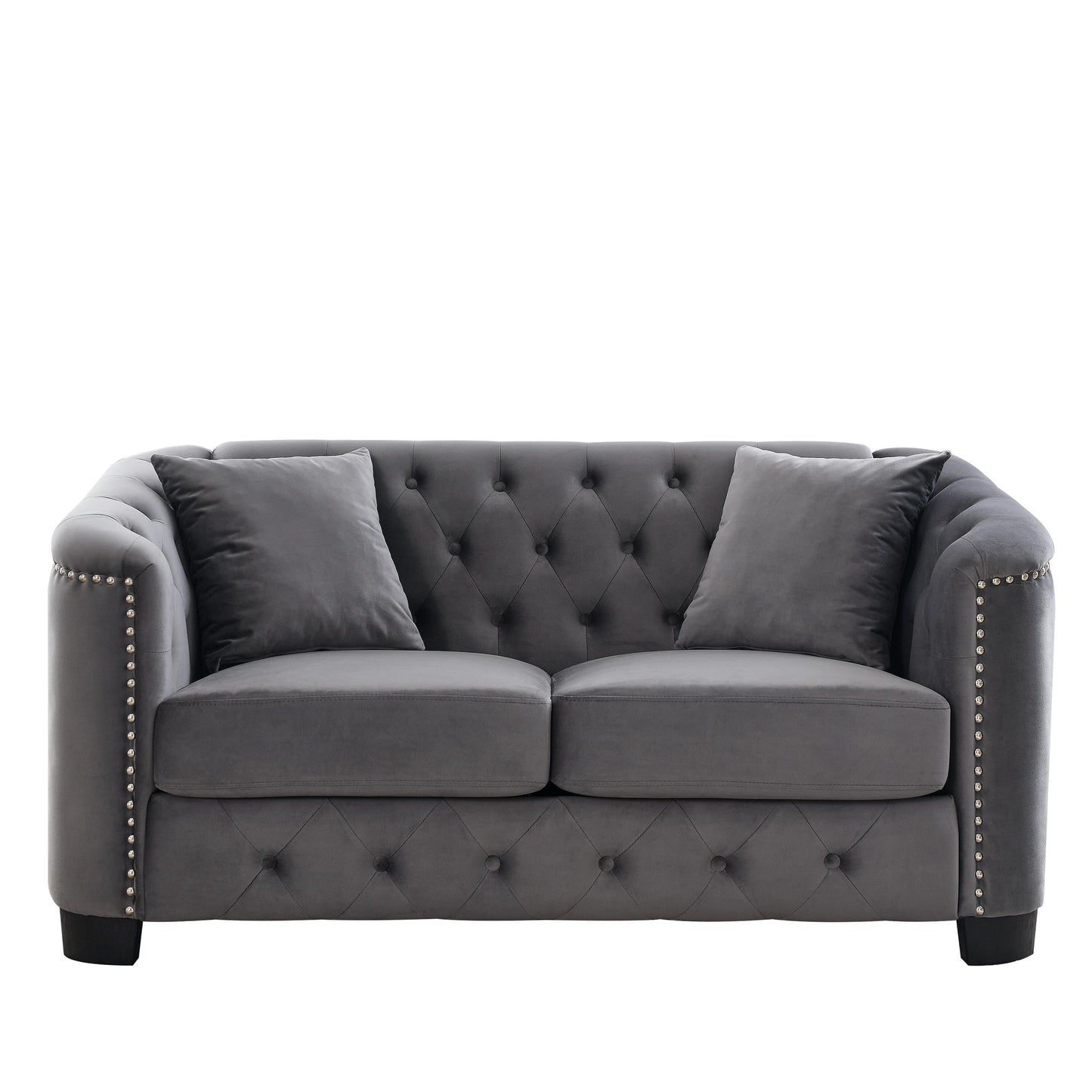 Canapé 2 places gris moderne en velours de 150 cm avec dossier capitonné et accoudoirs à clous.