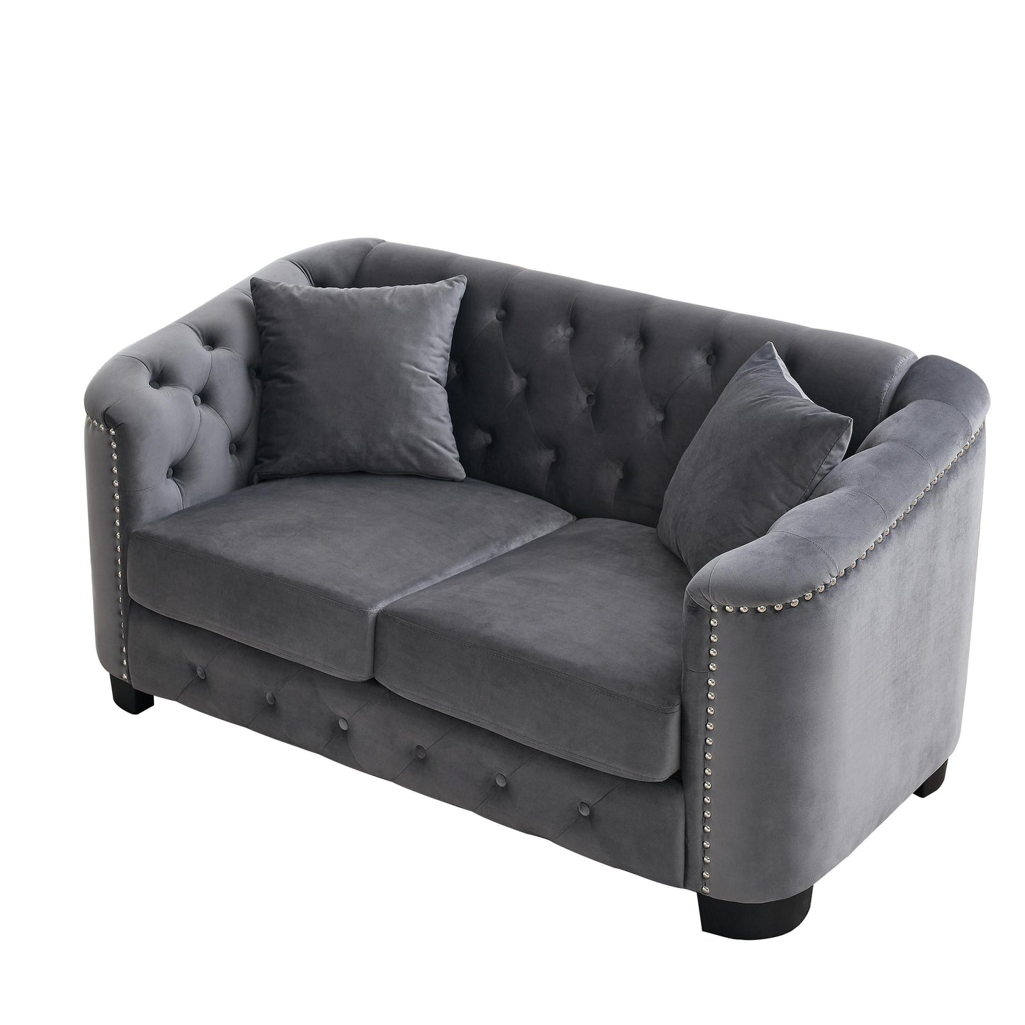 Canapé 2 places gris moderne en velours de 150 cm avec dossier capitonné et accoudoirs à clous.