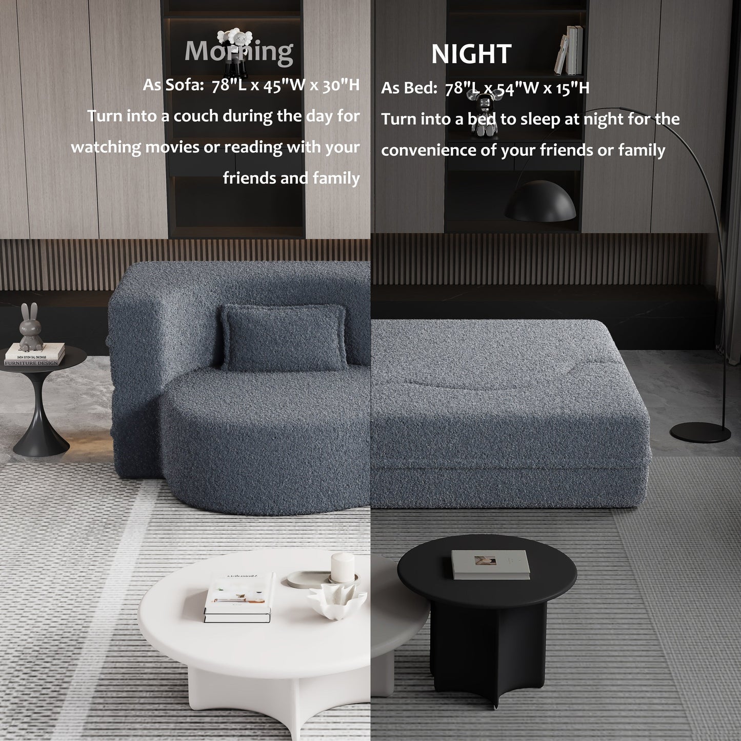 Canapé-lit convertible gris 78 Teddy en tissu, avec coussins en mousse, pour le salon, avec 2 oreillers et matelas pliable.