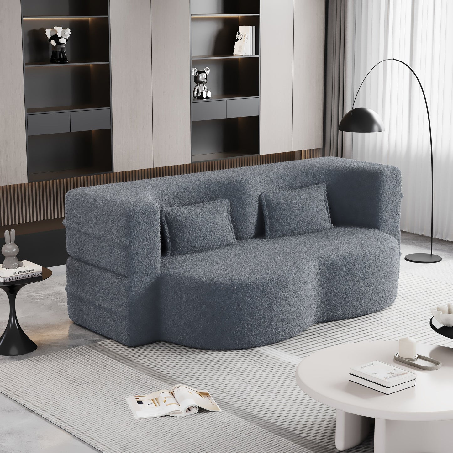 Canapé-lit convertible gris 78 Teddy en tissu, avec coussins en mousse, pour le salon, avec 2 oreillers et matelas pliable.