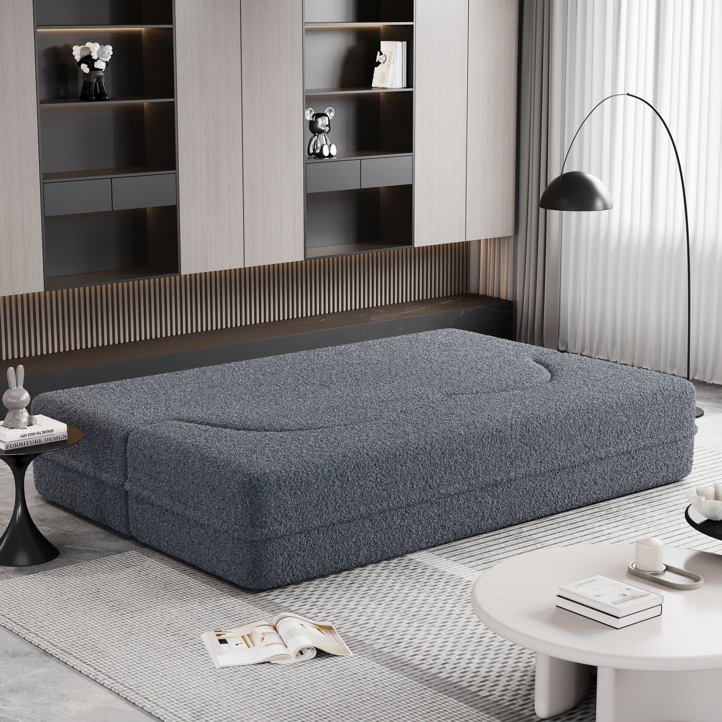 Canapé-lit convertible gris 78 Teddy en tissu, avec coussins en mousse, pour le salon, avec 2 oreillers et matelas pliable.