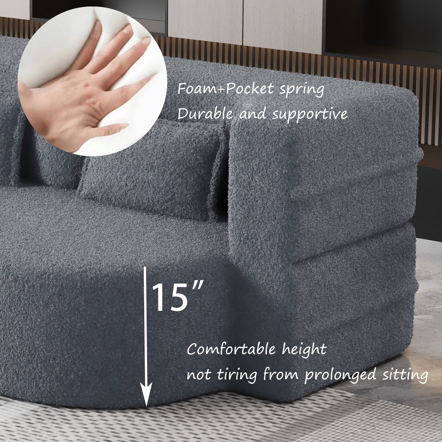 Canapé-lit convertible gris 78 Teddy en tissu, avec coussins en mousse, pour le salon, avec 2 oreillers et matelas pliable.