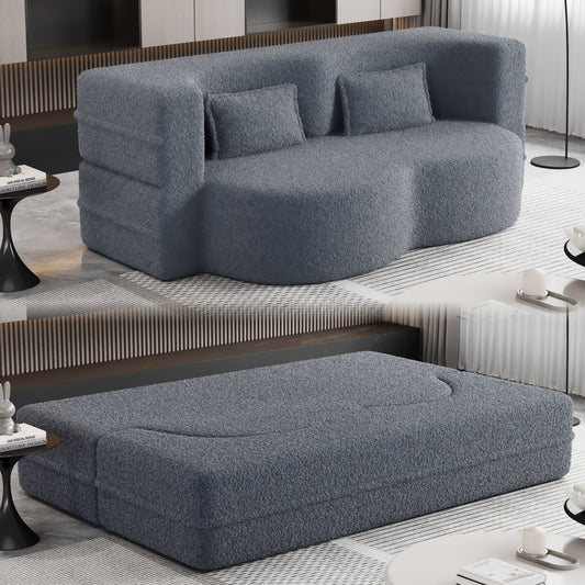 Canapé-lit convertible gris 78 Teddy en tissu, avec coussins en mousse, pour le salon, avec 2 oreillers et matelas pliable.