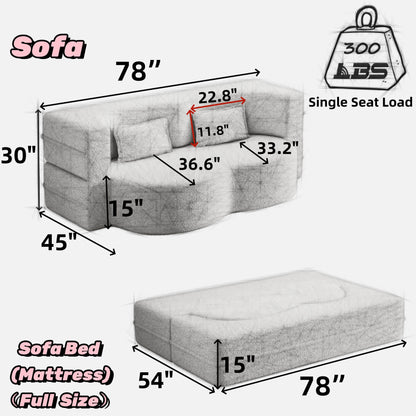 Canapé-lit convertible gris 78 Teddy en tissu, avec coussins en mousse, pour le salon, avec 2 oreillers et matelas pliable.