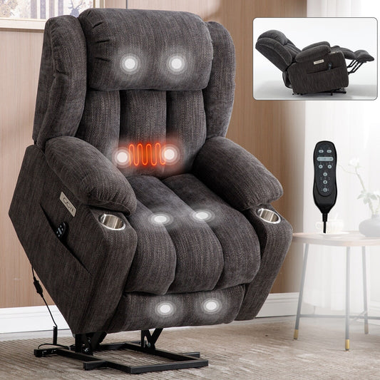 Fauteuil inclinable électrique en chenille grise avec massage, chauffage lombaire, ports USB et Type-C, et porte-gobelets en acier inoxydable.
