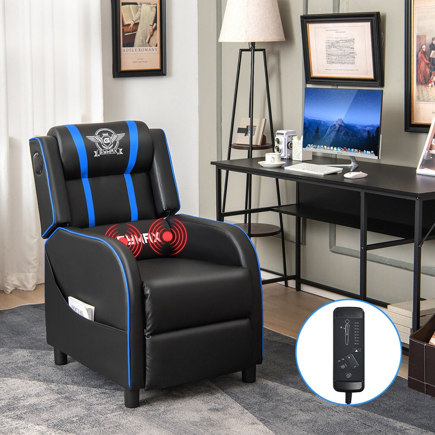 Fauteuil inclinable de jeu Gymax avec fonction de massage, en cuir PU, pour une personne.