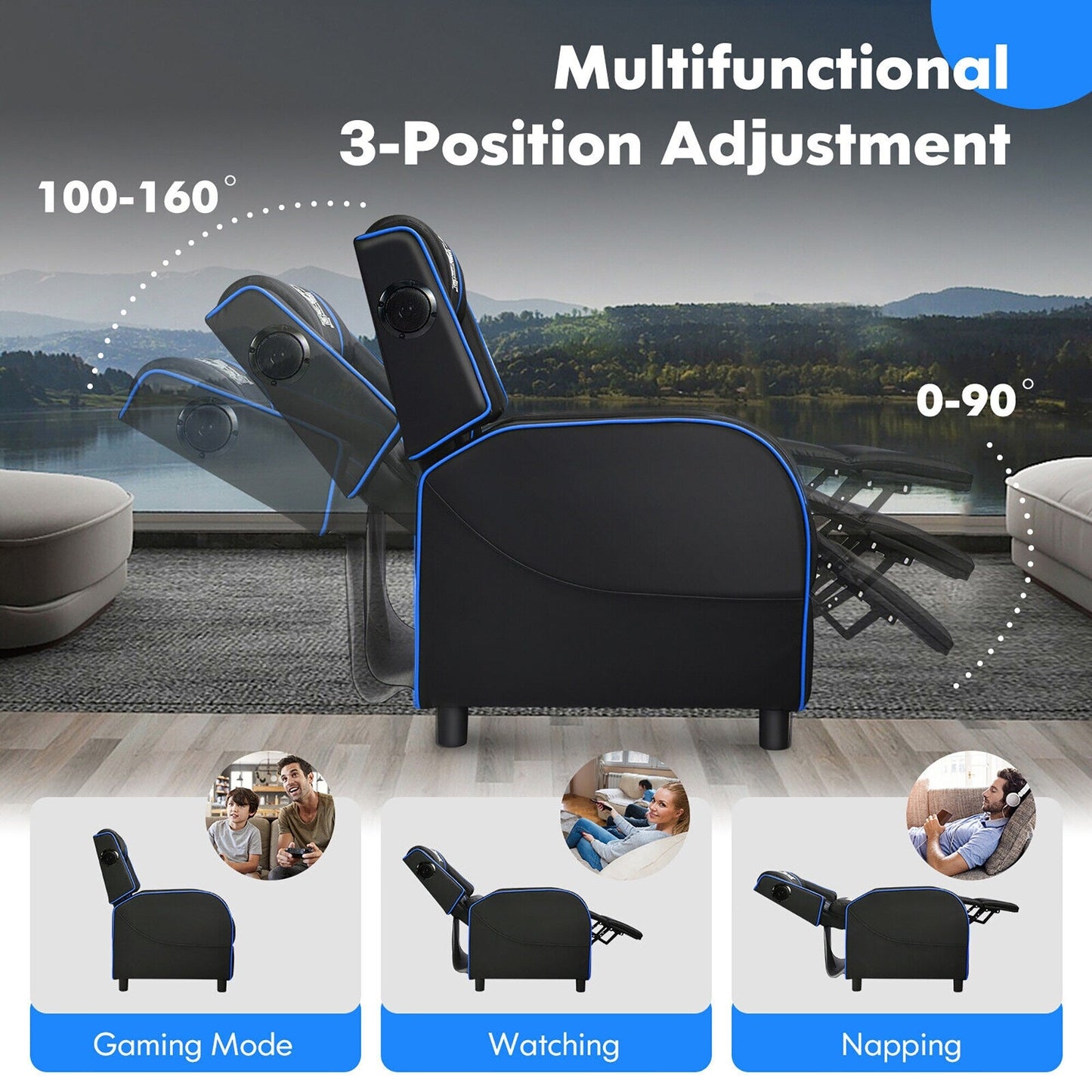 Fauteuil inclinable de jeu Gymax avec fonction de massage, en cuir PU, pour une personne.