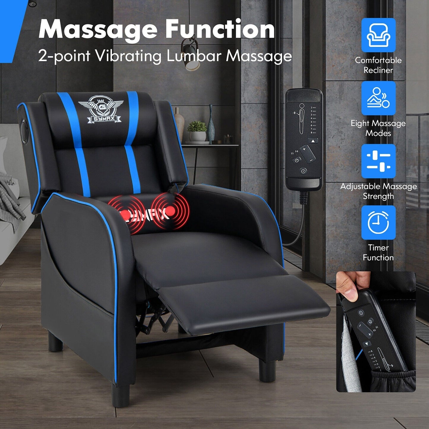 Fauteuil inclinable de jeu Gymax avec fonction de massage, en cuir PU, pour une personne.