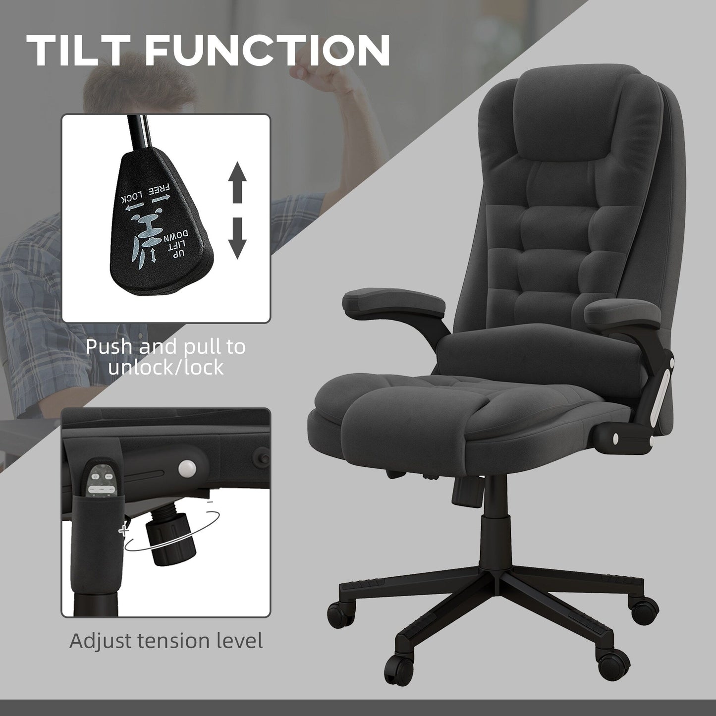 HOMCOM Chaise de bureau de massage vibrante à 6 points avec fonction chauffante, chaise de bureau de direction à dossier haut en velours avec dossier inclinable
