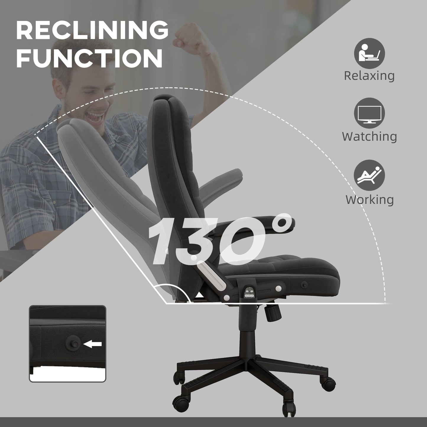 HOMCOM Chaise de bureau de massage vibrante à 6 points avec fonction chauffante, chaise de bureau de direction à dossier haut en velours avec dossier inclinable