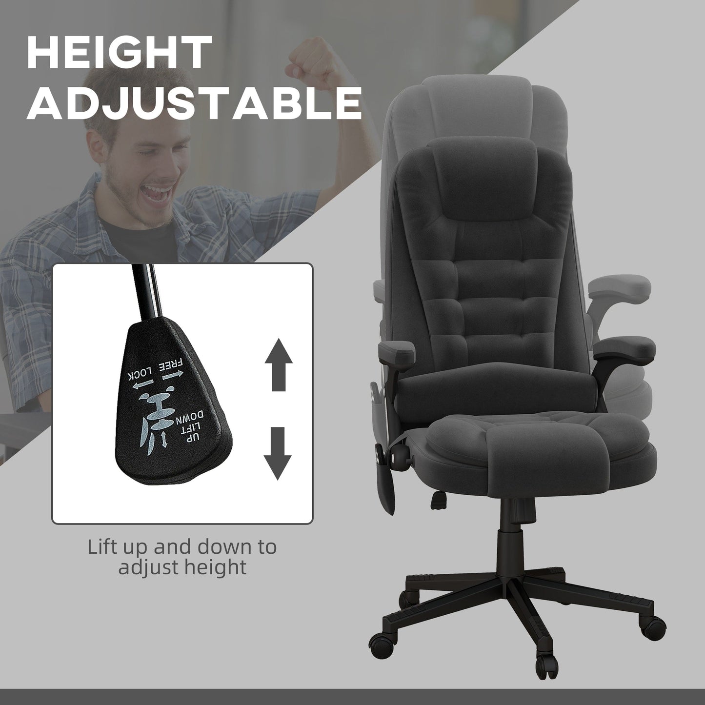 HOMCOM Chaise de bureau de massage vibrante à 6 points avec fonction chauffante, chaise de bureau de direction à dossier haut en velours avec dossier inclinable