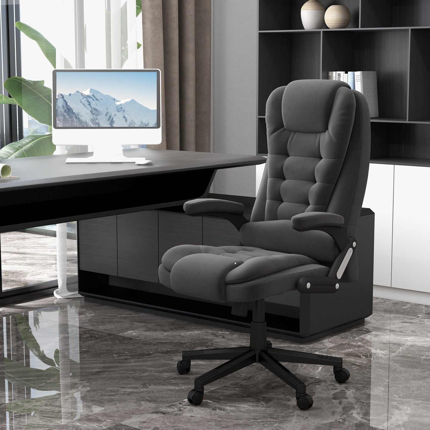 HOMCOM Chaise de bureau de massage vibrante à 6 points avec fonction chauffante, chaise de bureau de direction à dossier haut en velours avec dossier inclinable