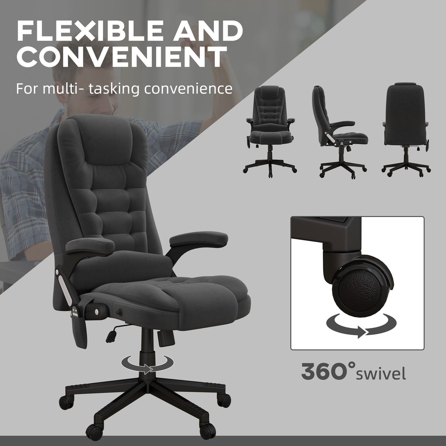HOMCOM Chaise de bureau de massage vibrante à 6 points avec fonction chauffante, chaise de bureau de direction à dossier haut en velours avec dossier inclinable