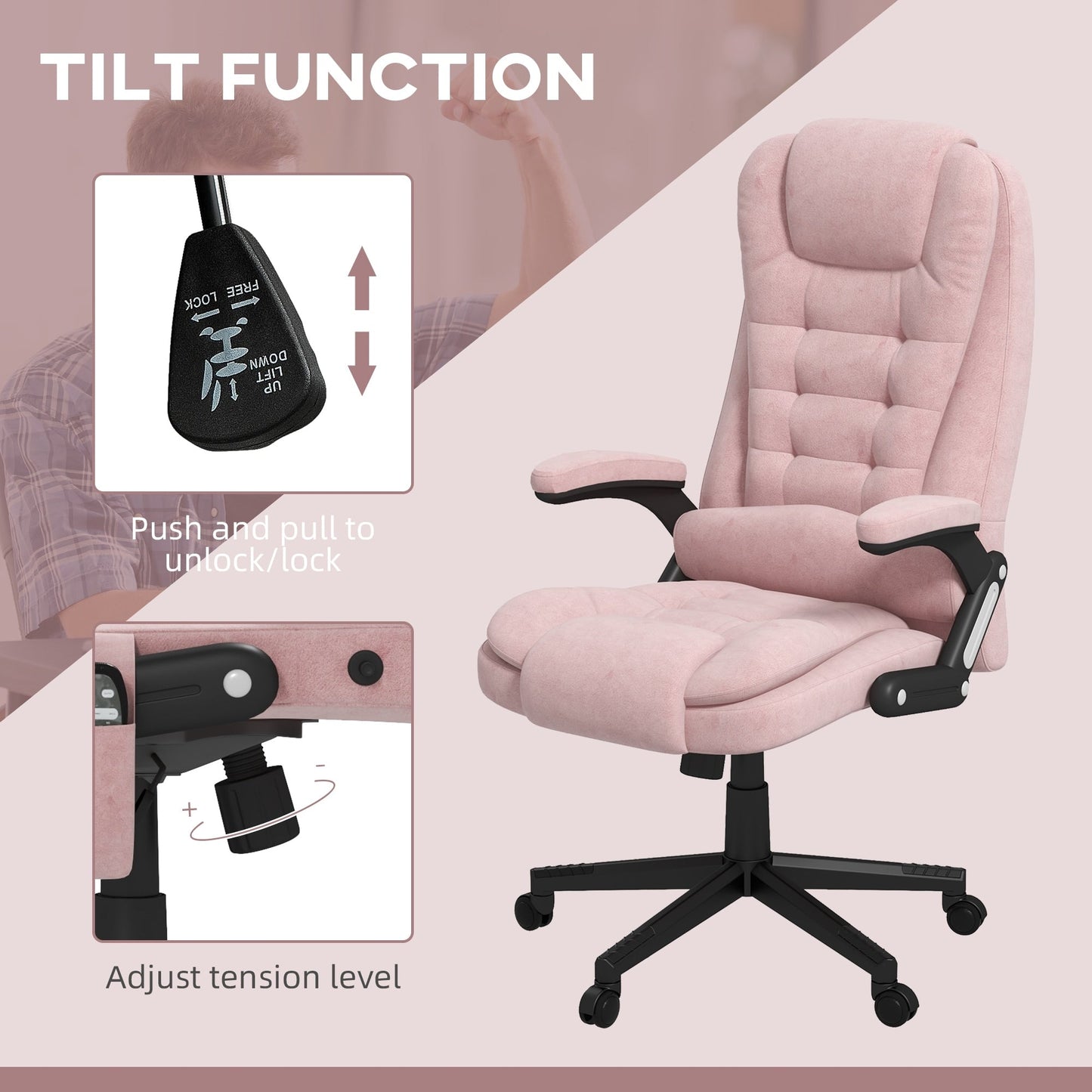 HOMCOM Chaise de bureau de massage vibrante à 6 points avec fonction chauffante, chaise de bureau de direction à dossier haut en velours avec dossier inclinable
