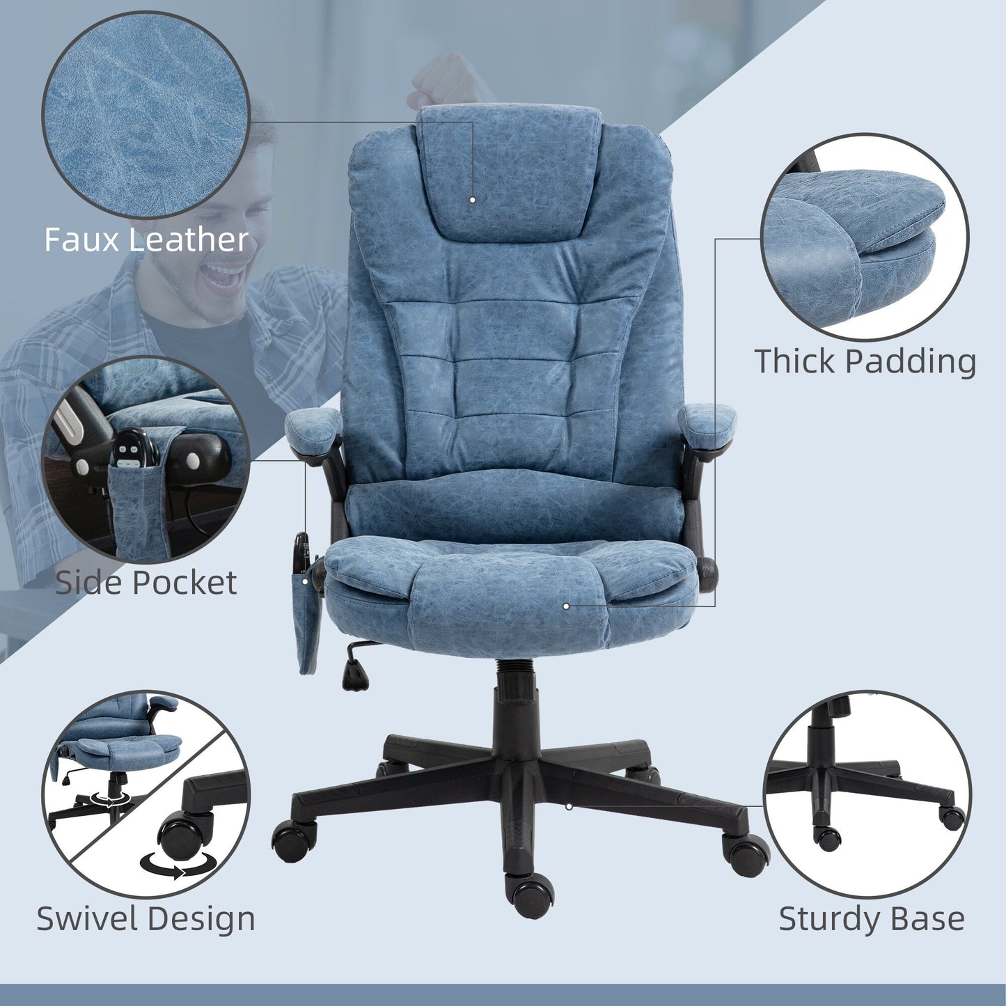 HOMCOM Chaise de bureau de massage à vibration avec dossier haut et 6 points de vibration, beige