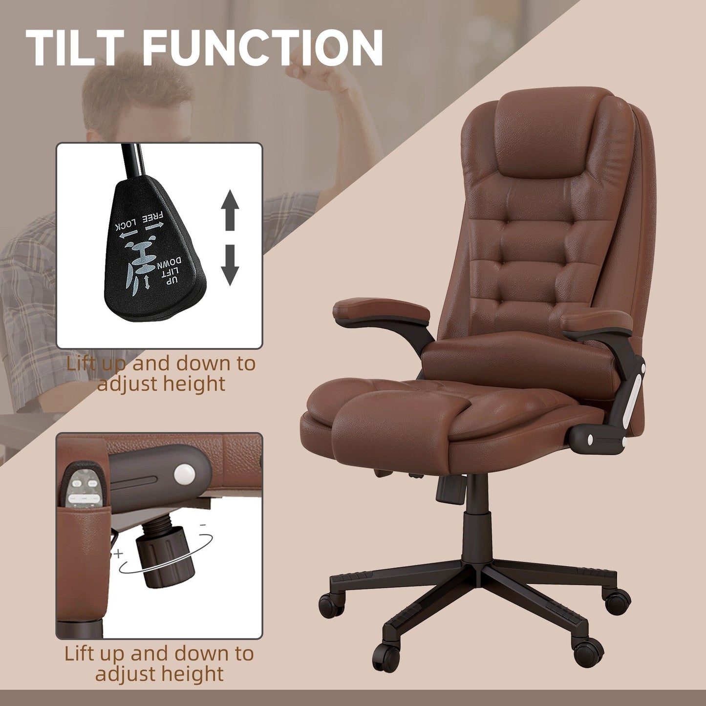 HOMCOM Chaise de bureau de massage à vibration avec dossier haut et 6 points de vibration, beige