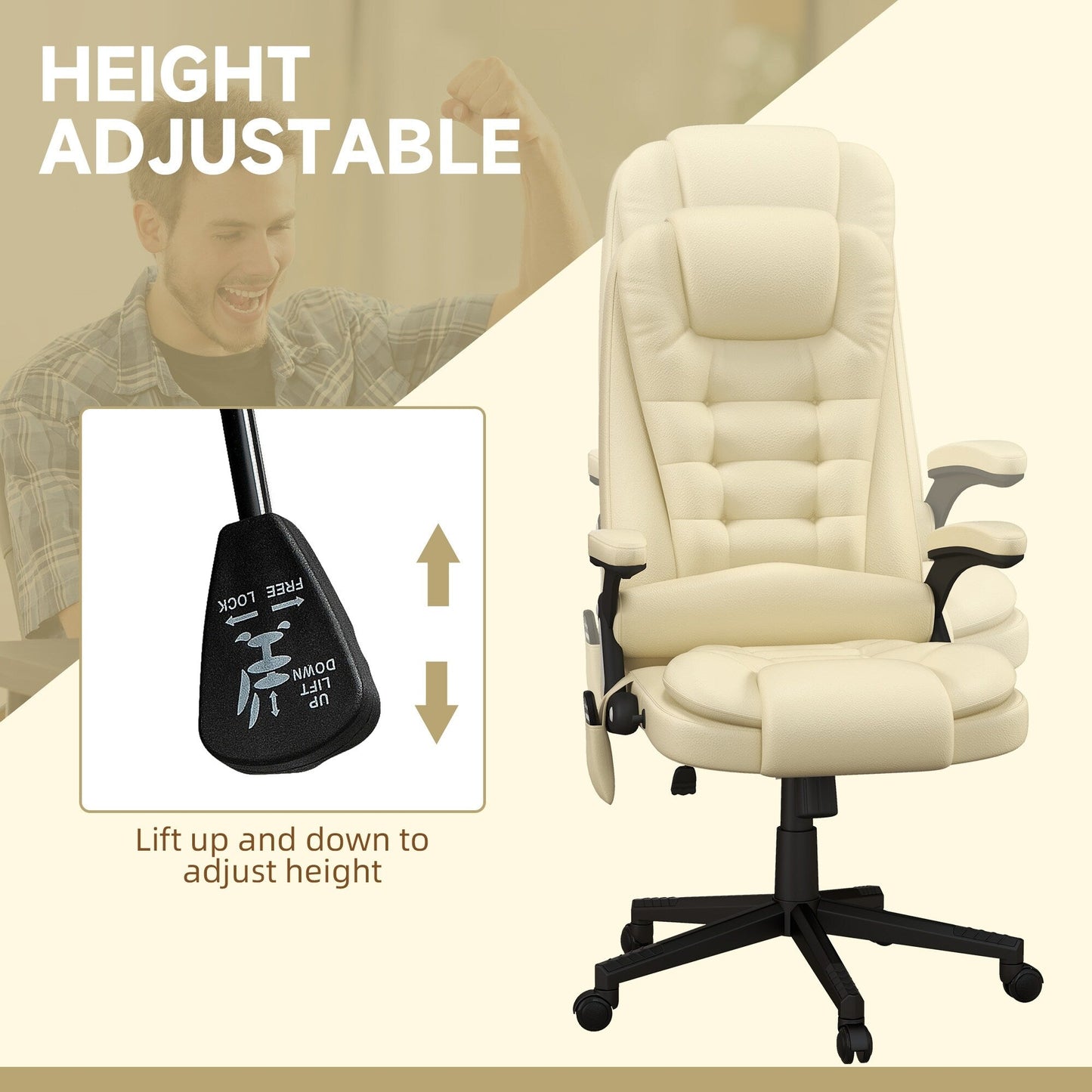 HOMCOM Chaise de bureau de massage à vibration avec dossier haut et 6 points de vibration, beige