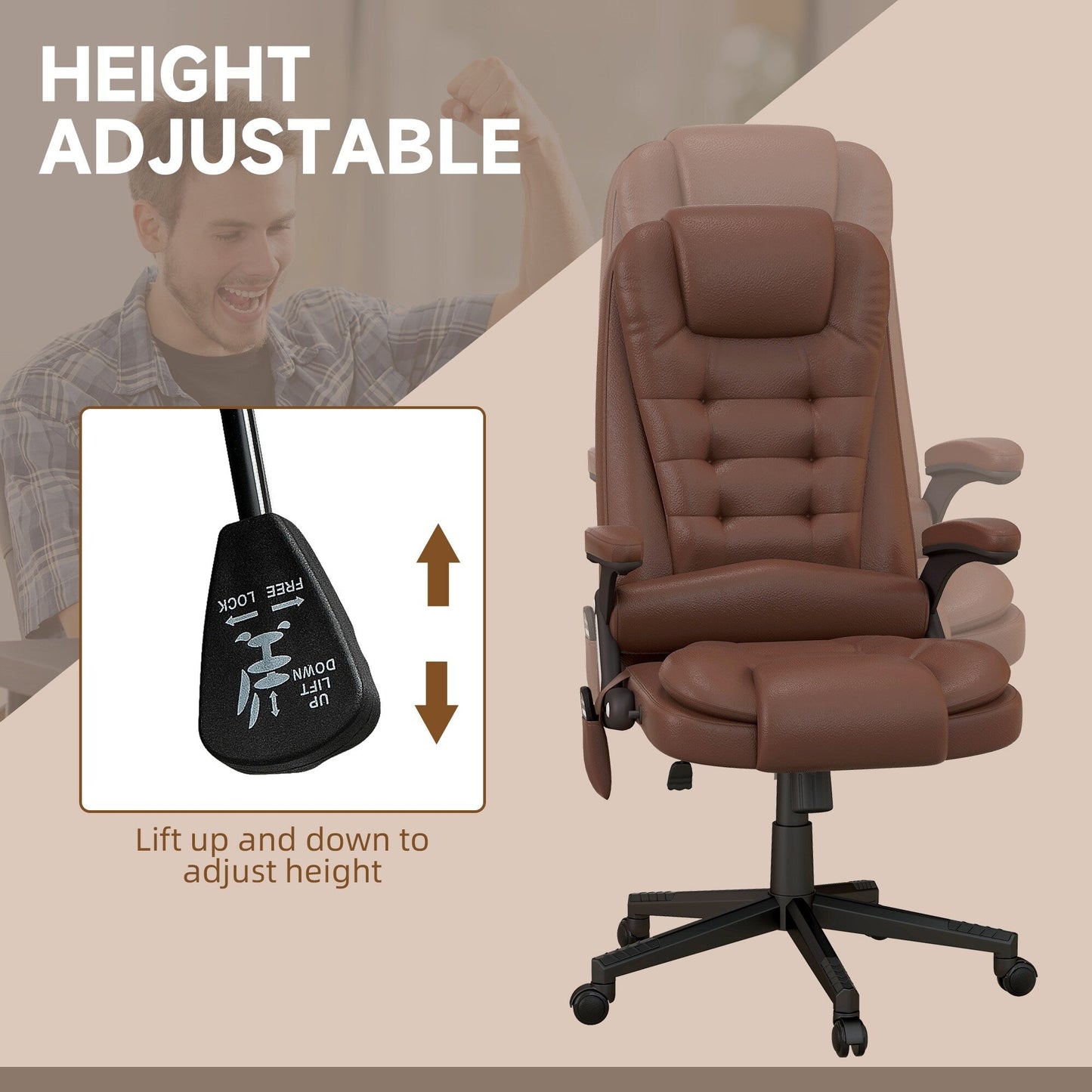 HOMCOM Chaise de bureau de massage à vibration avec dossier haut et 6 points de vibration, beige