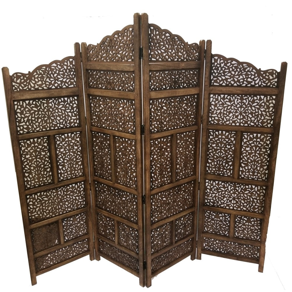 Paravent pliable en bois à 4 panneaux, sculpté à la main, marque Benzara, marron