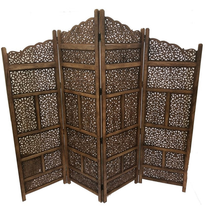 Paravent pliable en bois à 4 panneaux, sculpté à la main, marque Benzara, marron
