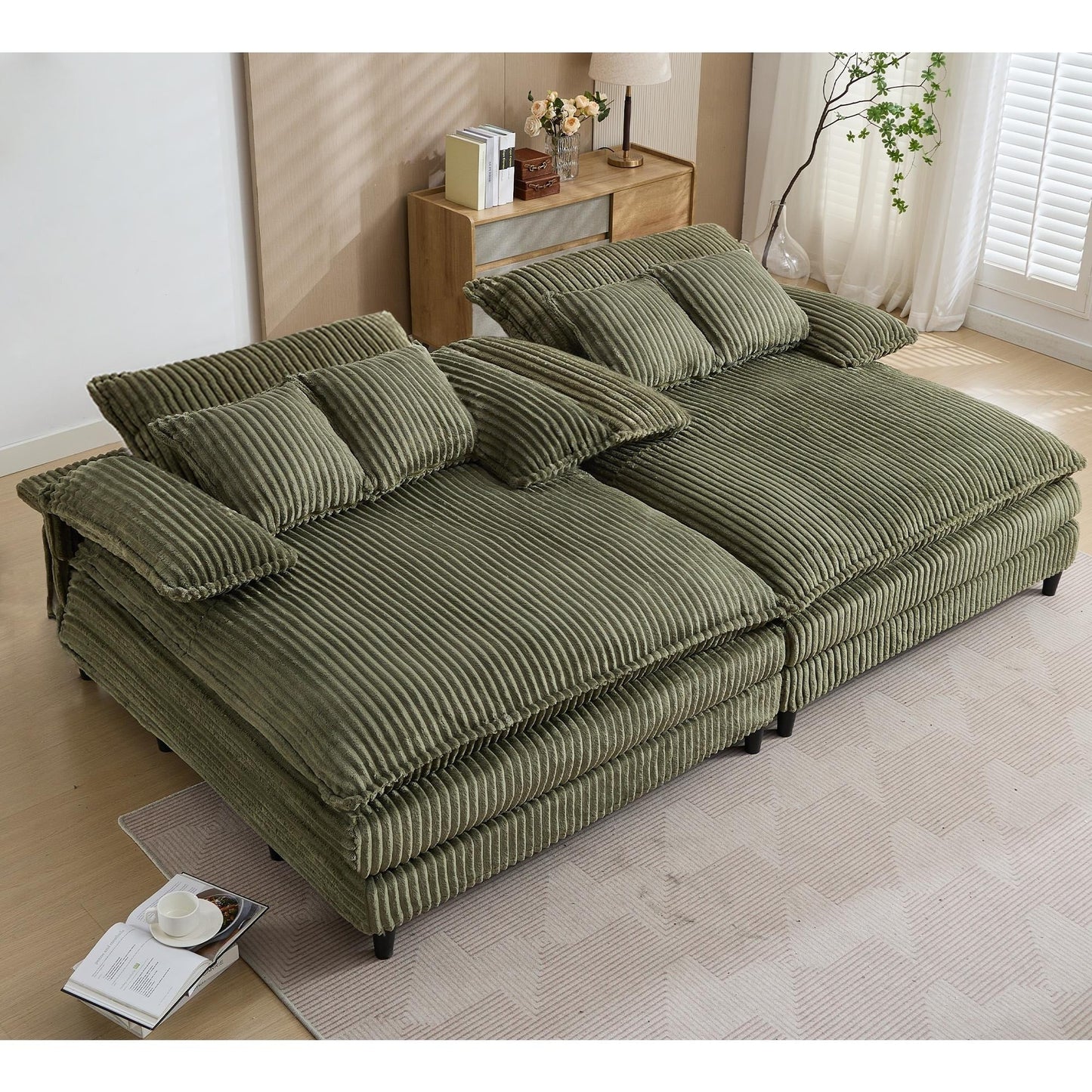 Canapé-lit en velours côtelé surdimensionné Harmonia 109 W, avec assise profonde, double chaise longue et 4 coussins