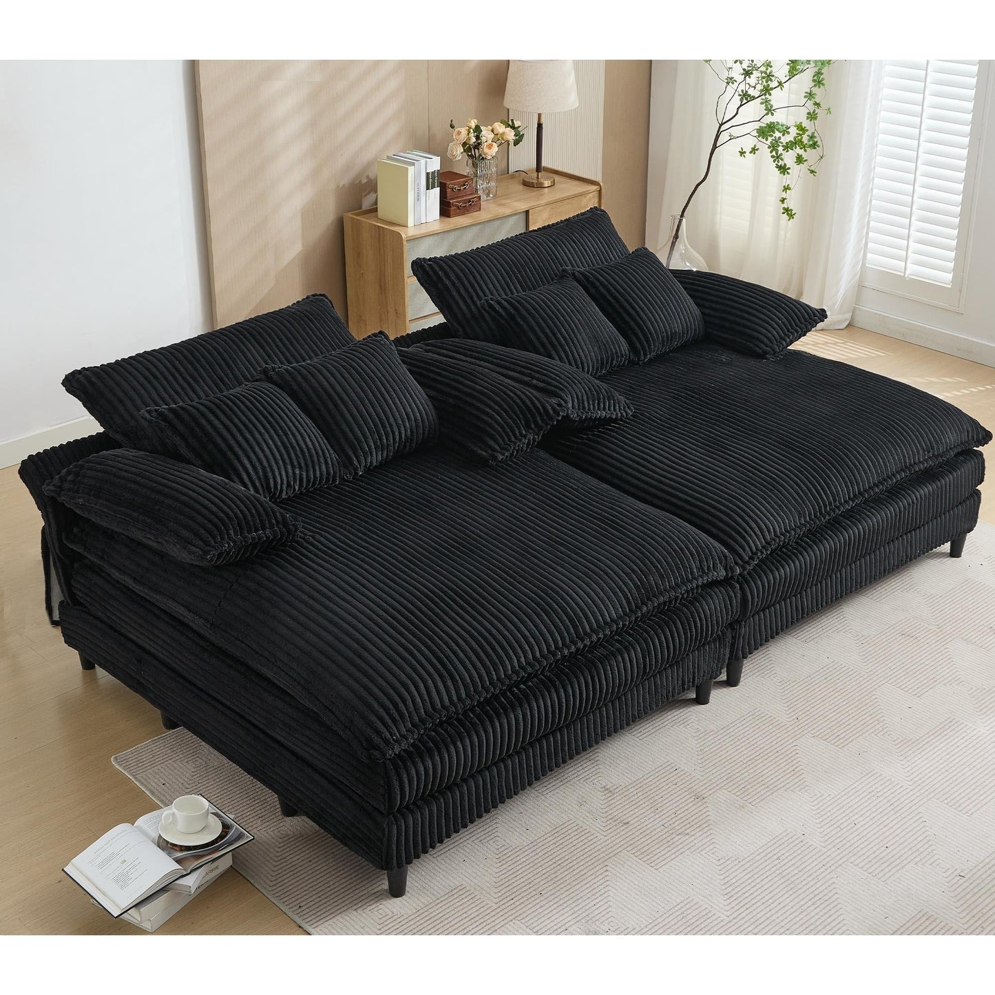 Canapé-lit en velours côtelé surdimensionné Harmonia 109 W, avec assise profonde, double chaise longue et 4 coussins