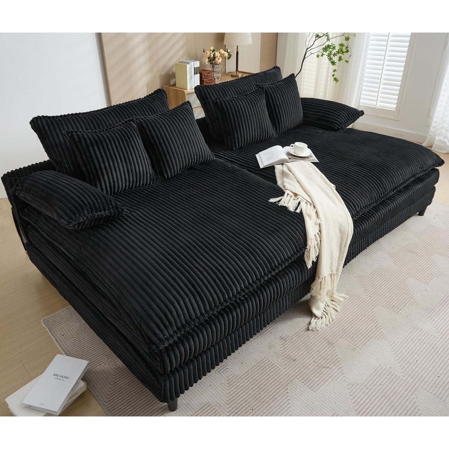 Canapé-lit en velours côtelé surdimensionné Harmonia 109 W, avec assise profonde, double chaise longue et 4 coussins