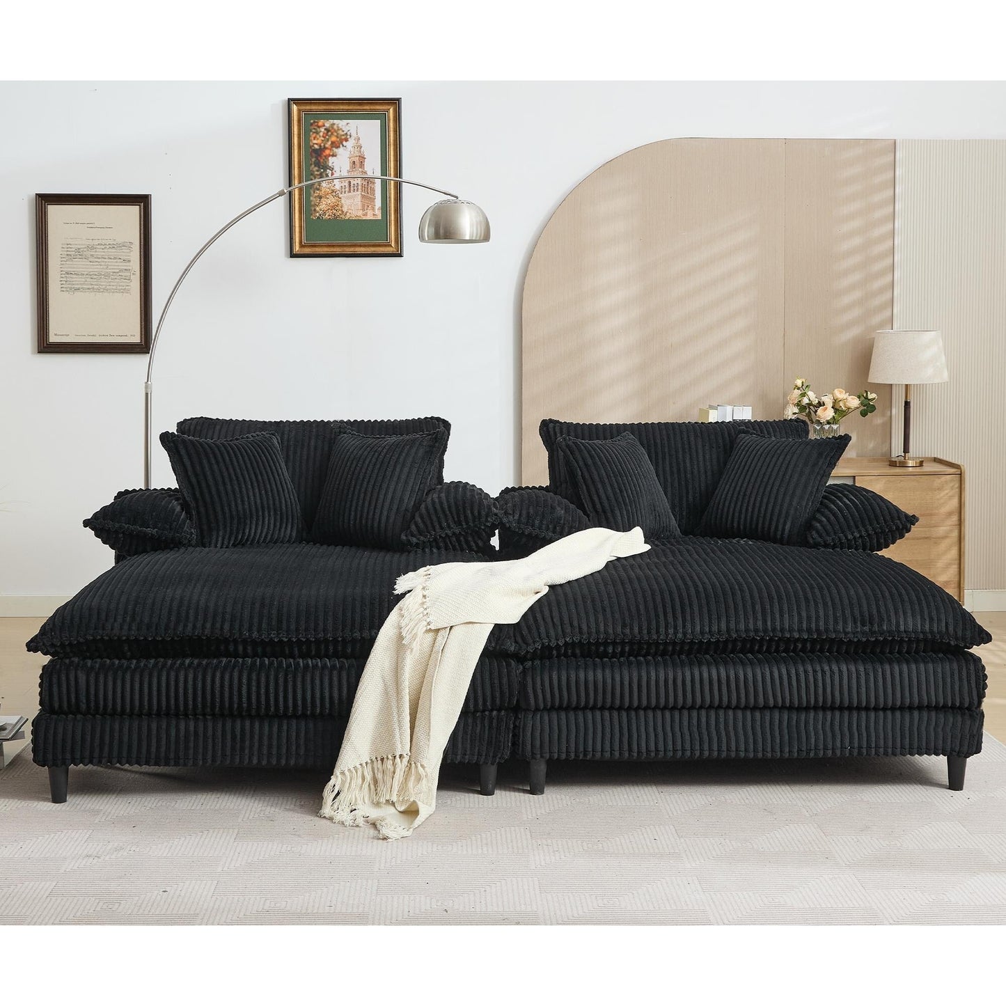 Canapé-lit en velours côtelé surdimensionné Harmonia 109 W, avec assise profonde, double chaise longue et 4 coussins