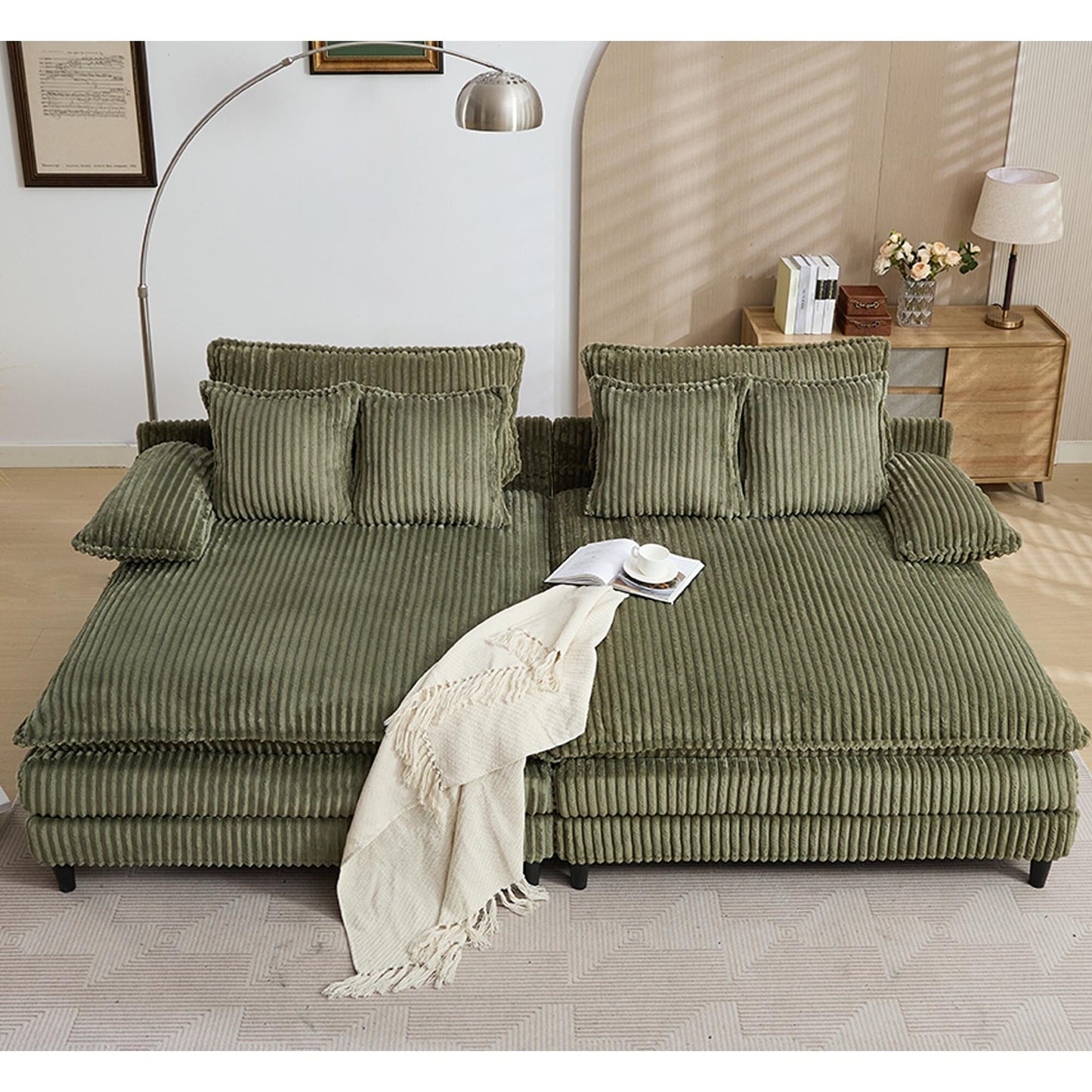Canapé-lit en velours côtelé surdimensionné Harmonia 109 W, avec assise profonde, double chaise longue et 4 coussins