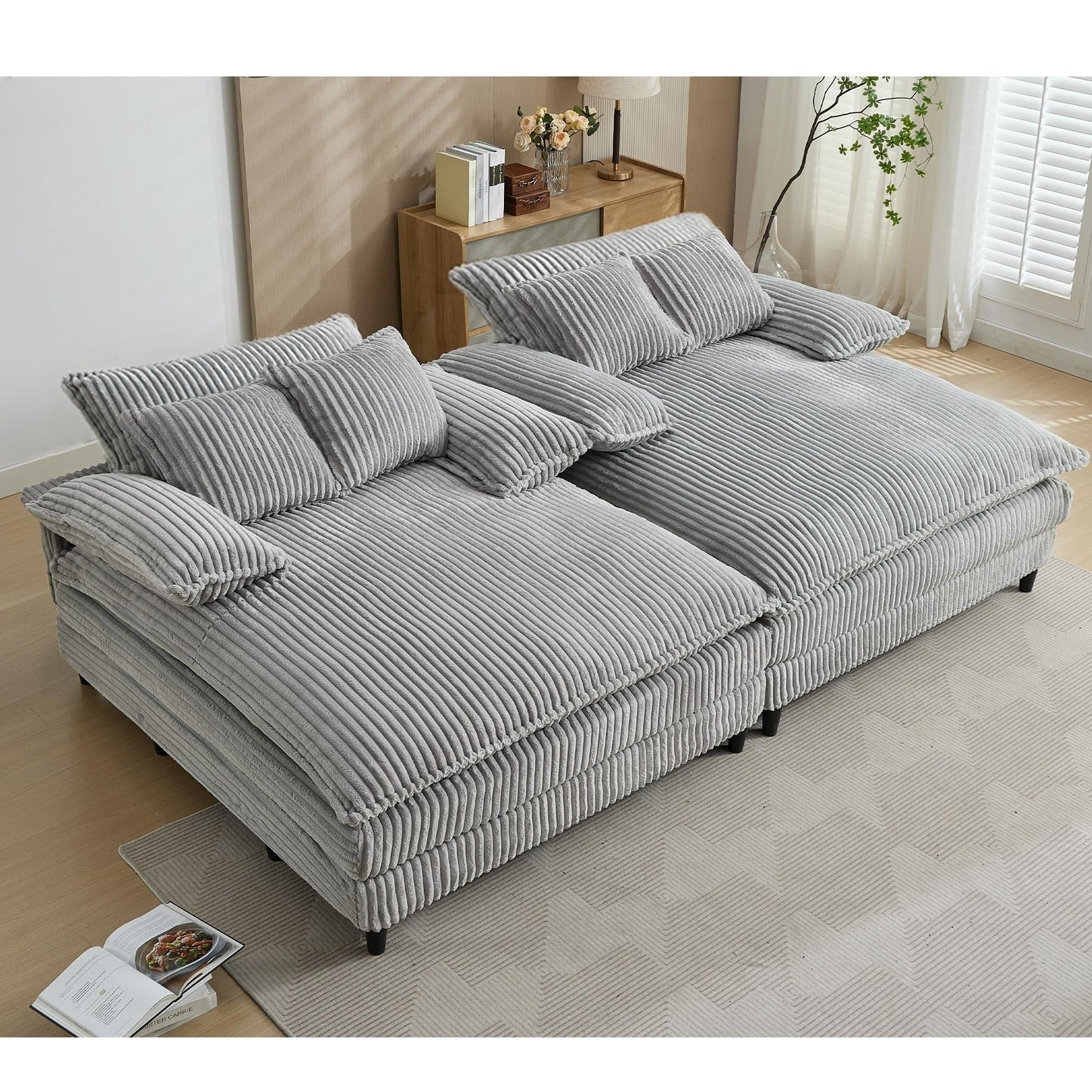 Canapé-lit en velours côtelé surdimensionné Harmonia 109 W, avec assise profonde, double chaise longue et 4 coussins