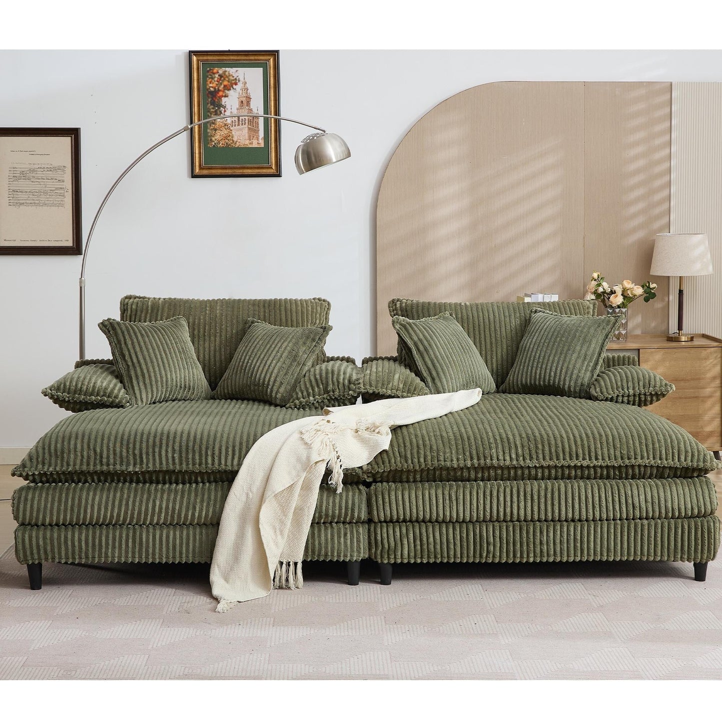 Canapé-lit en velours côtelé surdimensionné Harmonia 109 W, avec assise profonde, double chaise longue et 4 coussins
