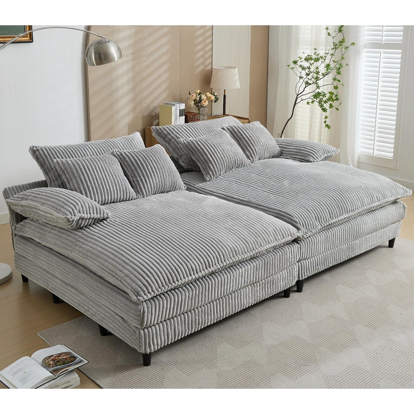 Canapé-lit en velours côtelé surdimensionné Harmonia 109 W, avec assise profonde, double chaise longue et 4 coussins
