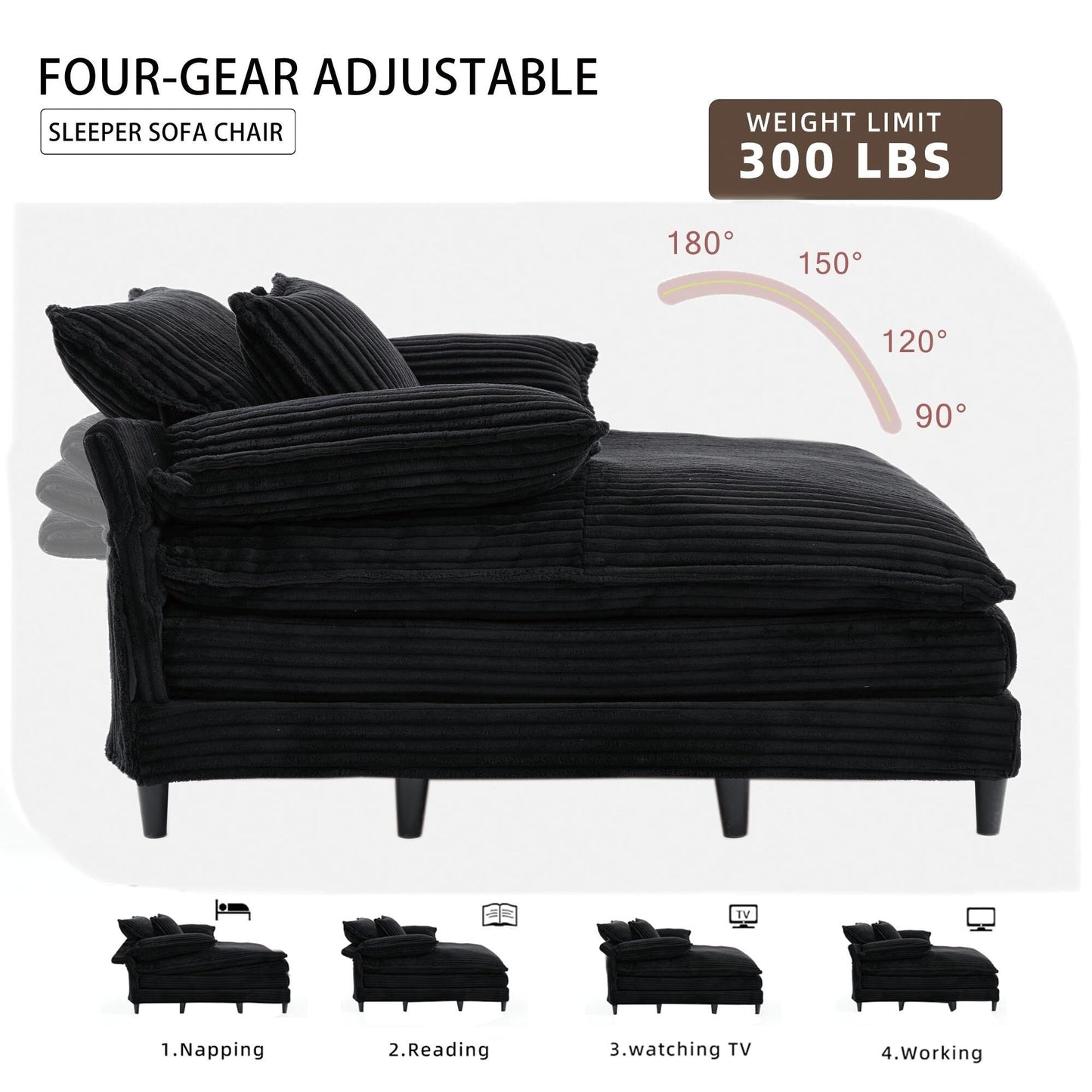 Canapé-lit en velours côtelé surdimensionné Harmonia 109 W, avec assise profonde, double chaise longue et 4 coussins