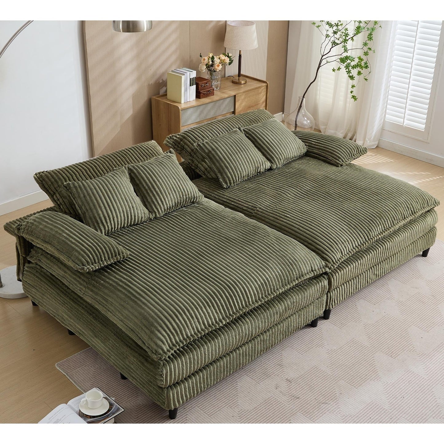 Canapé-lit en velours côtelé surdimensionné Harmonia 109 W, avec assise profonde, double chaise longue et 4 coussins