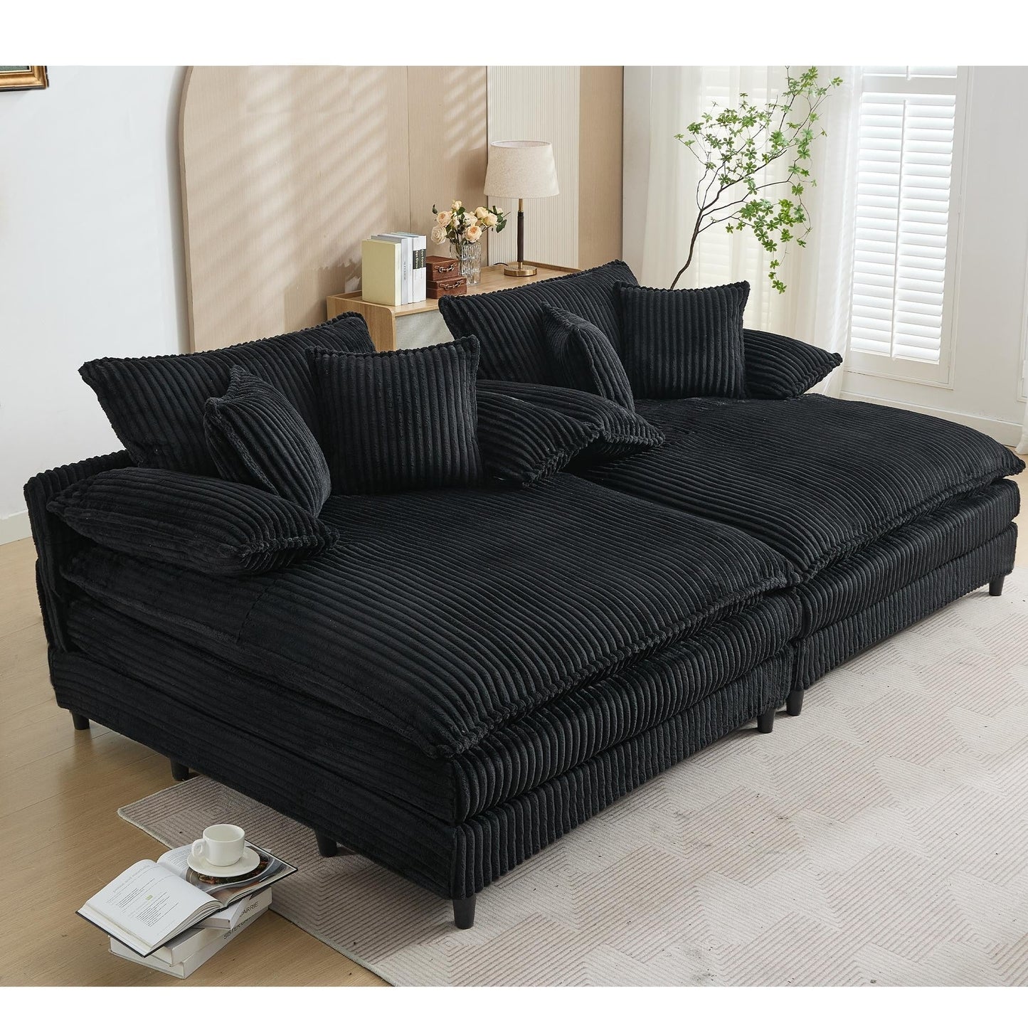 Canapé-lit en velours côtelé surdimensionné Harmonia 109 W, avec assise profonde, double chaise longue et 4 coussins