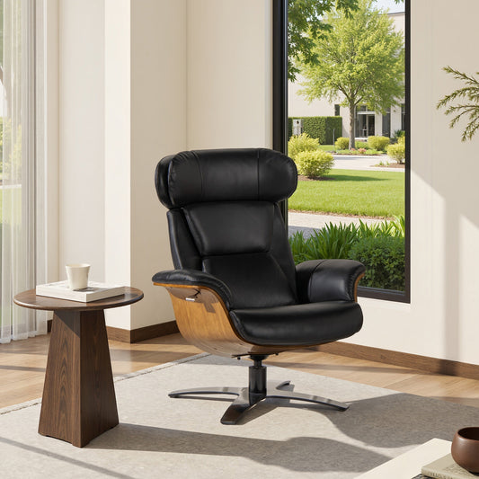 Fauteuil inclinable de salon Jovan en cuir véritable avec structure en bois incurvé de 31,5 pouces