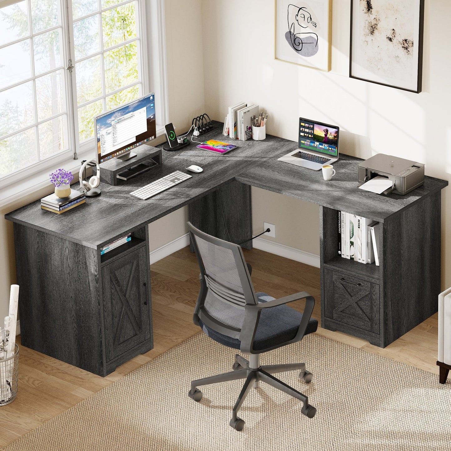Bureau de jeu en forme de L Moasis, bureau d'ordinateur d'angle de 59 pouces avec support de moniteur