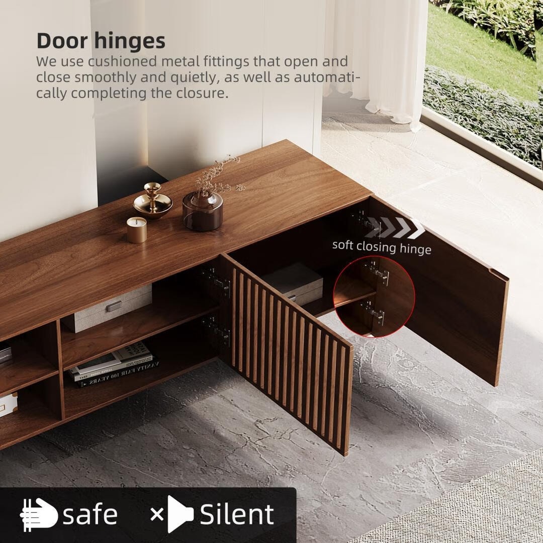 Meuble TV style Mid-Century Modern avec 4 portes et rangements, compatible avec les télévisions jusqu'à 100 pouces, meuble de salon multimédia.