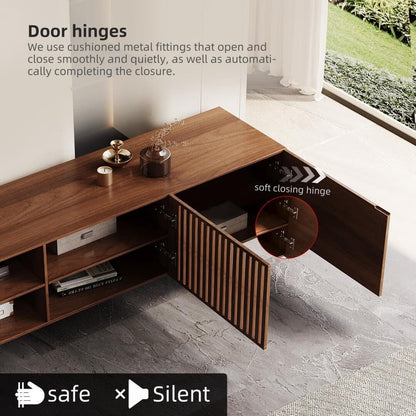 Meuble TV style Mid-Century Modern avec 4 portes et rangements, compatible avec les télévisions jusqu'à 100 pouces, meuble de salon multimédia.