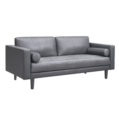 Canapé moderne en cuir véritable avec pieds en bois et coussin supplémentaire.
