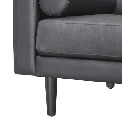 Canapé moderne en cuir véritable avec pieds en bois et coussin supplémentaire.