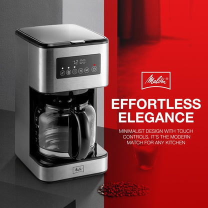 Machine à café goutte-à-goutte Melitta Aroma Tocco Plus, 12 tasses, pour café chaud et glacé, avec carafe en verre et écran tactile.