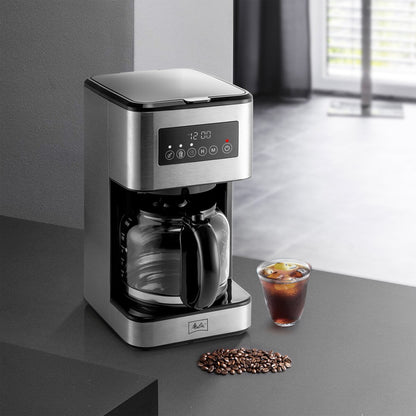Machine à café goutte-à-goutte Melitta Aroma Tocco Plus, 12 tasses, pour café chaud et glacé, avec carafe en verre et écran tactile.
