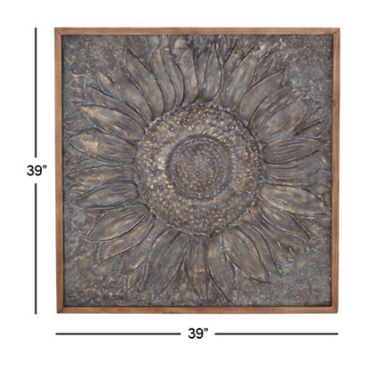 Décoration murale florale en métal représentant un tournesol avec détails en relief - Gris - Roche River Decor